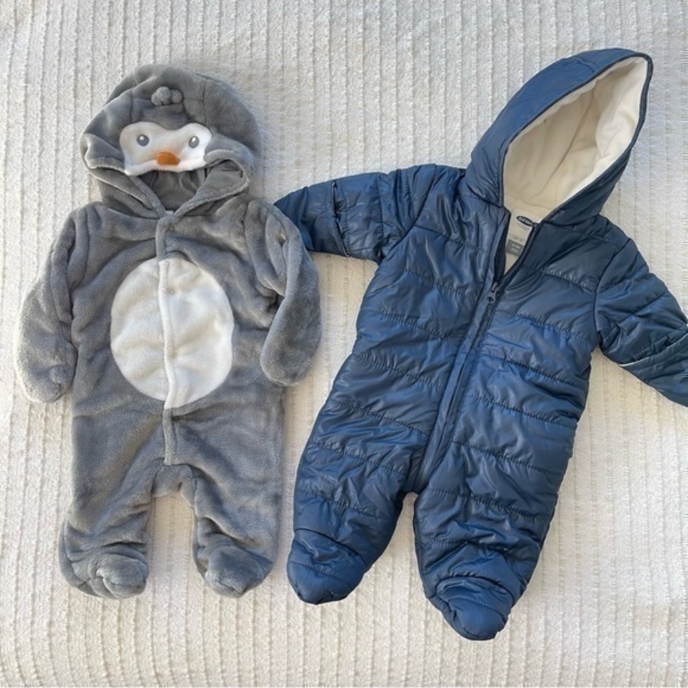 Bundle of two baby winter snowsuits, novelty penguin and neutral navy size 0-3